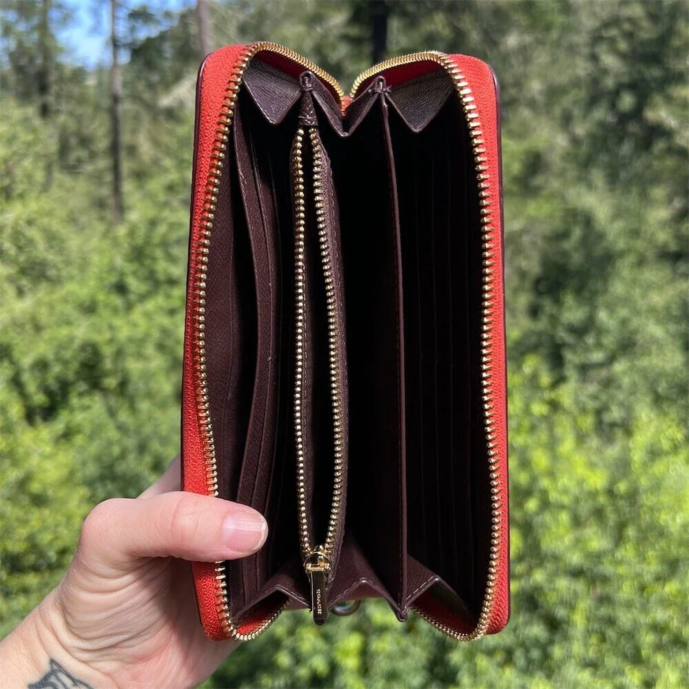 COACH Long Zip-Around Crossgrain Leather Wallet RED with GOLD Hardware AUTHENTIC